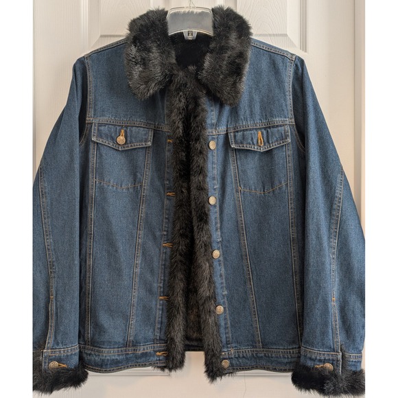 dennis basso Dark Blue Denim Jean Jacket/Coat Faux Fur Lined Vest M VERY NICE! - Picture 1 of 5